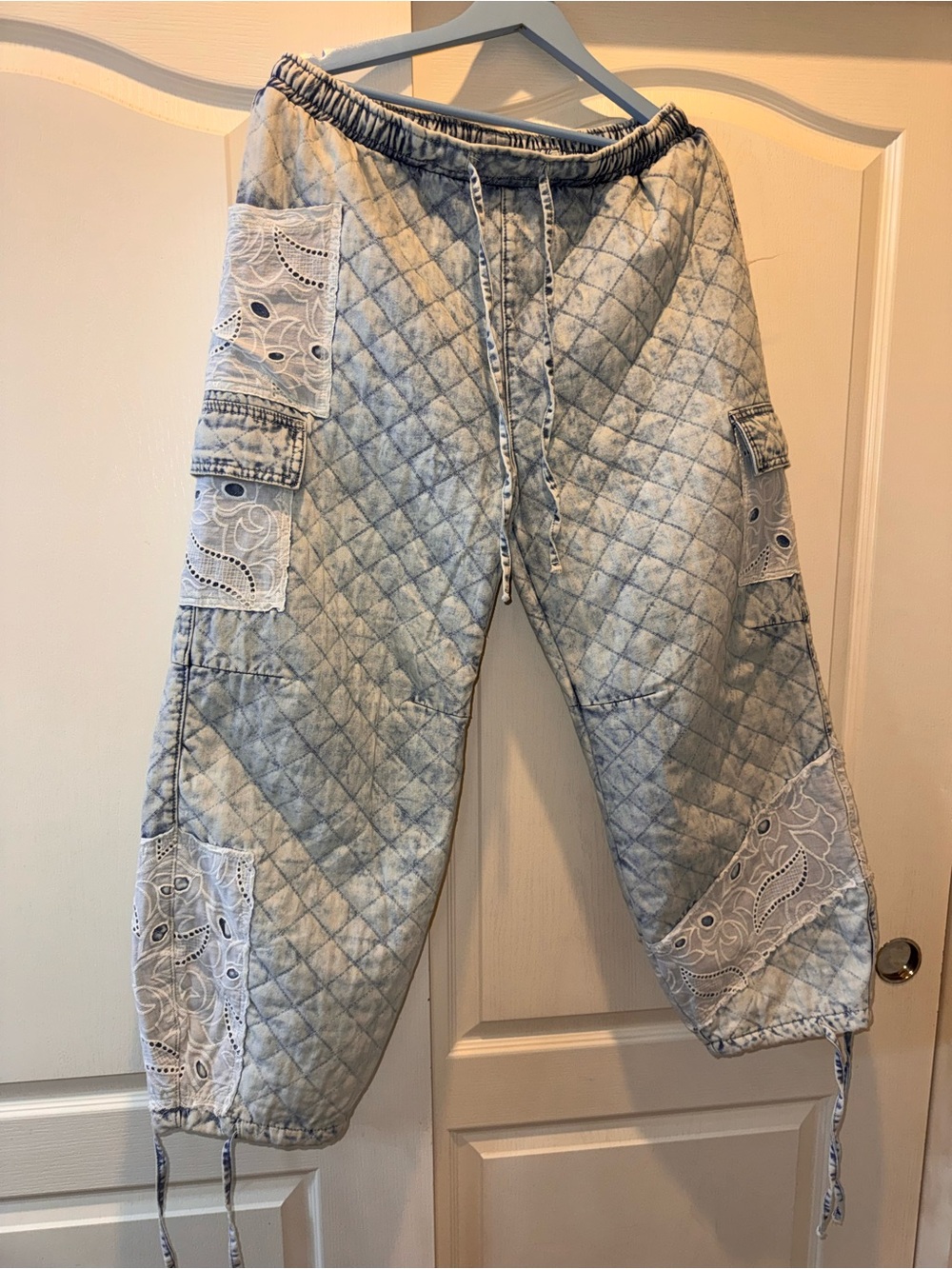POL Quilted Wide Leg Lace Patchwork Pants in Light Blue and White